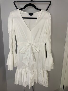 INTERMIX White V-Neck Tie-Waist Ruffle Mini Dress